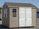 8x10 Peak Style Prefab Storage Shed with Java Brown Vinyl Siding and White Trim and Doors