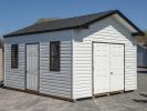 12x16 Front Entry Peak Storage Shed with White vinyl siding, black trim, extra doors